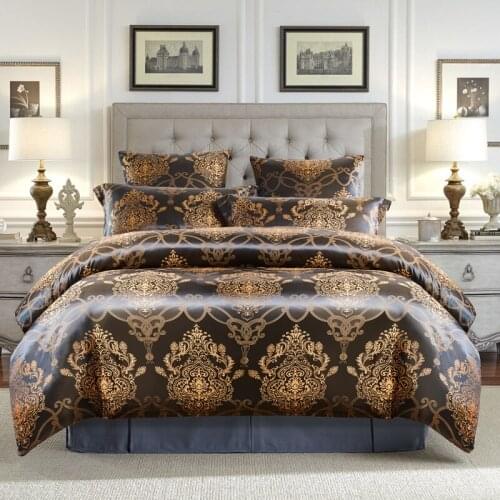 Luxury jacquard soft satin silky bedding down cover pillowcase set with zipper seal, black gold, medium size double bed