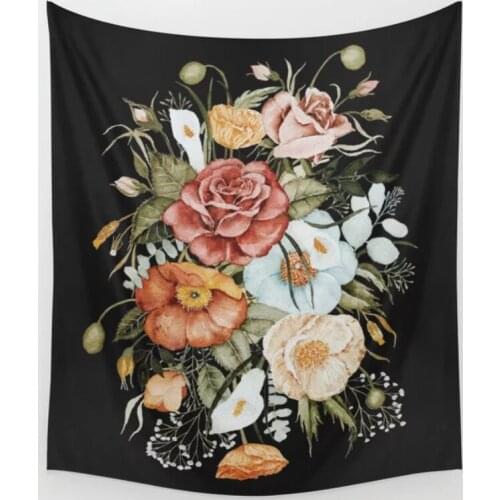 Roses And Poppies Bouquet On Charcoal Black Tapestry Wall Hanging Wall Decor Tapestries Bedspread Coverlet Curtain Sheet Window