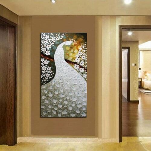 Hand painted thick textured oil painting on canvas modern abstract white flowers princess peacock oil painting home art decor