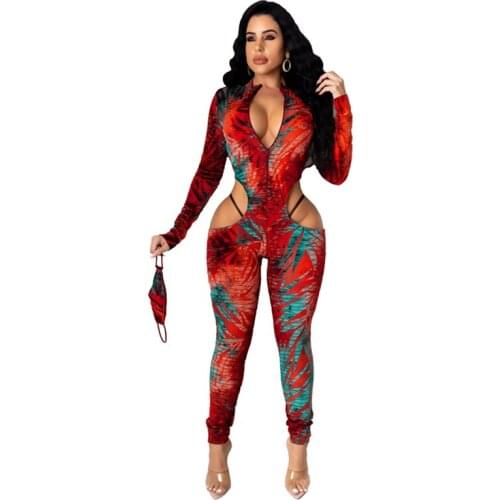 Sexy Printed Zipper Jumpsuit with Mask