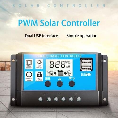 60A/50A/40A/30A/20A/10A 12V 24V Auto Solar Charge Controller PWM Controllers LCD Dual USB 5V Output Solar Panel PV Regulator