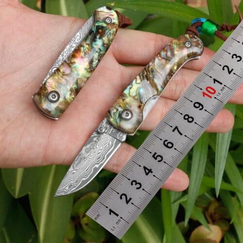 Damascus blade folding knife Abalone shell handle pocket survival camping fruit knives outdoor rescue fishing gift EDC tools