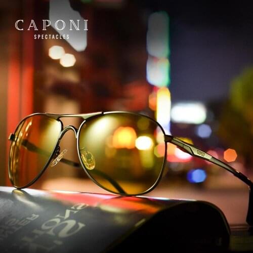 CAPONI Pilot Mens Sun Glasses Polarized Day And Night Driving Photochromic Sunglasses Male UV400 Vintage Alloy Eyewear BSYS8722