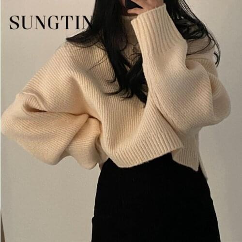 Sungtin Winter Warm Loose Knitted Swearter Pullovers Women Fashion Solid Color Jumper Female Korean All Match Elegant Tops 2021