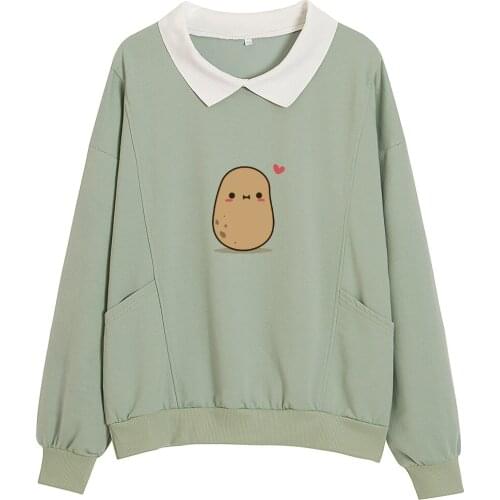 Cartoon Potato Printing Sweatshirt Cotton Casual Jumper with Pocket 90s Aesthetic All-match Sweatshirt Clothes for Teens Girls