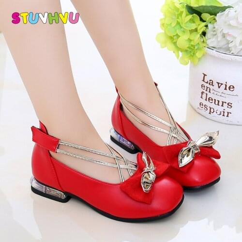New Girls Shoes Childrens Princess Party Performance Dance Shoe Red Black Leather Student Girls Kids Shoes Soft Sole Low Heels