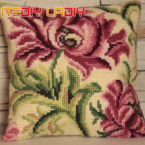 Cross Stitch Cushion Pink Daisies Make Your Own Pillow DIY Chunky Cross Stitch Kit Pre-Printed Canvas Acrylic Yarn Pillow Case