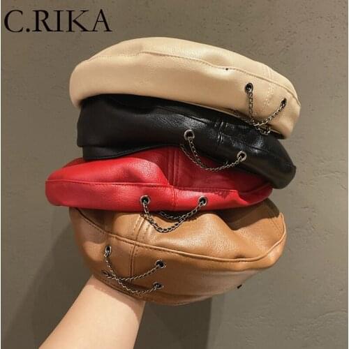 Japanese Autumn Winter Pu Leather Beret Hat Women Chain Painter Cap Fashion Warm French Hat Outdoor Travel Berets Walking Cap
