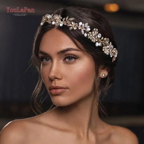 YouLaPan HP355 Elegant Bridal Hair Vine Gold and Pearl Headband for Wedding Alloy Flower Headpiece Lightweight Wedding Jewelry