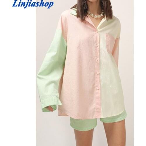 Fashion Hit Color Patchwork Summer Women Loose Shirt Drop Shoulder Pocket Front Women Casual Long Shirts Female