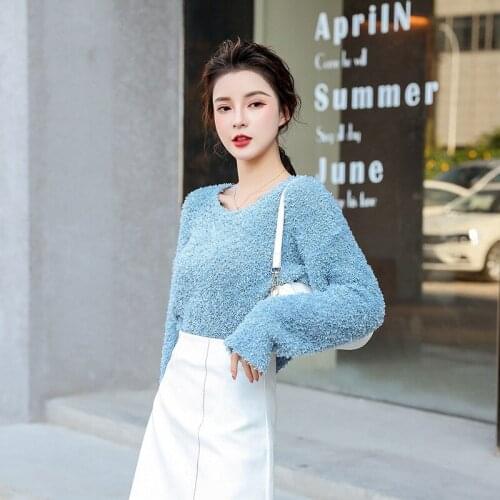 Sheer Plush Thick Warm Autumn Winter Knit Sweater Women Long Sleeve V-neck Loose Knitted Pullover Ladies Blue Soft Warm Jumper