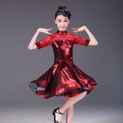 Svitania Latin Dance Dress For Girls Spandex Shinny Competition Latin Lace Dresses Stage Short Sleeve Dancewear