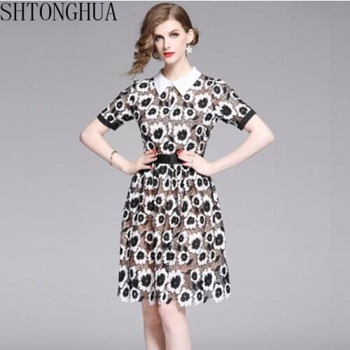 SHTONGHUA New Summer Turn Down Collar Dress Women Black White Patchwork Lace Floral Embroidery Dress Vintage Hollow Out Vestidos