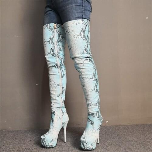 Snake Skin Knee High Boots Stylish Light Blue Stiletto Heel Slip On Runway Women Shoes Dress Party Pointy Toe Leather Boots