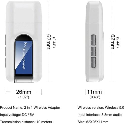 2-in-1 Portable USB Bluetooth Adapter AUX Dongle for PC Laptop Home Stereo