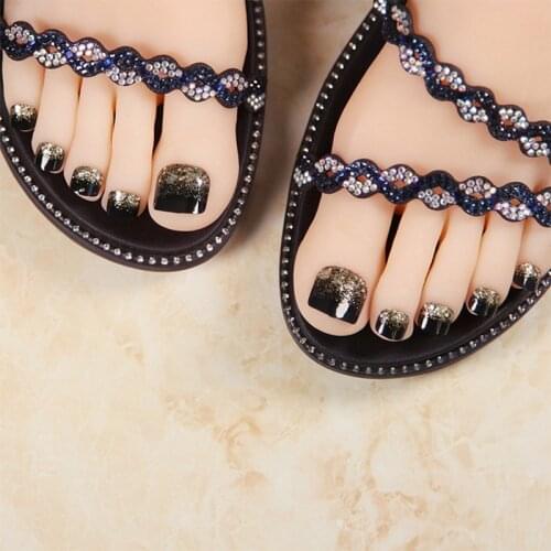 24pcs/box Fake Foot Nail Patch Korean Short Shiny Champagne Gold Toenail Product Waterproof Summer Foot Nail Beauty Tool