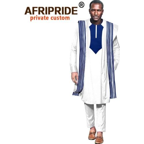 Bazin Riche African Clothing for Men Agbada Robe Shirts and Pants 3 Piece Set Long Sleeve Formal Attire for Wedding A2116009