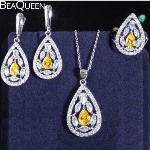 BeaQueen Turkish Yellow Gemstone Jewelry Sets Cubic Zircon Earring Necklace Ring for Women 925 Sterling Silver Jewellery JS070