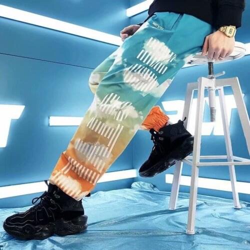 New Mens Pants Fashion Korean Style Ribbon Streetwear Harem Pants Elastic Waist Cargo Pants Men Casual Hip Hop Sweatpants Men