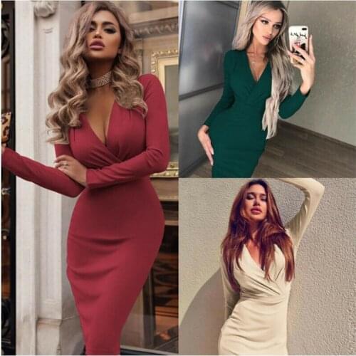 Women Ladies Long Sleeve Bodycon Dress Sexy Deep V Neck Midi Dress Party Evening