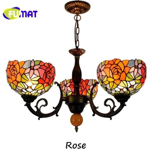 FUMAT European Minimalist Tiffany Stained Glass Romantic Bedroom Restaurant Teahouse Cafe Three-headed Flower Art Chandeliers