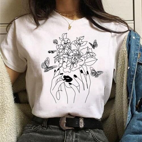 Line Drawing Women T Shirt Simple Design Tops Butterfly Flowers Printed Tee Shirts Female Summer T-shirt Cute Women T-shirts