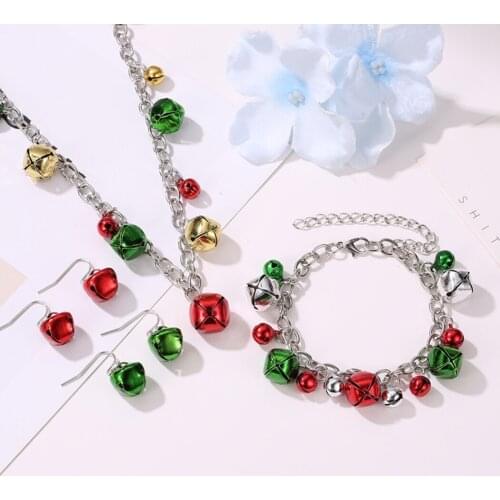 Women Christmas Gift Jewelry Set Bell Xmas Pendant Necklace Drop Earrings Bracelet Jewelry for Women Girls