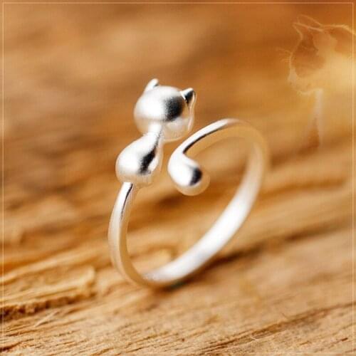 MloveAcc New Cute 100% 925 Sterling Silver Ring Naughty Cat Open Rings for Women Party Birthday Jewelry Gift