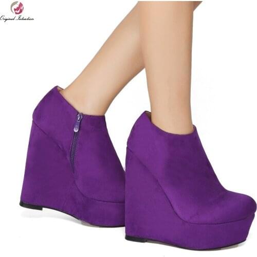 Fashion Purple Flock Women Boots Winter Ankle Boots Woman Shoes Platform Side Zipper Wedges Party Casual Shoes Plus Size 35-47