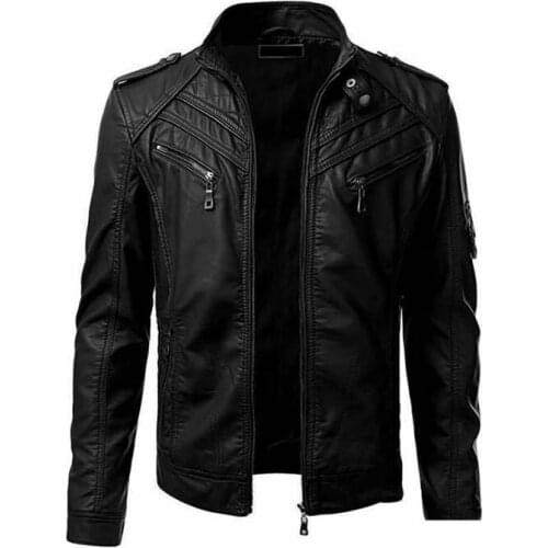 Casual leather jacket men fashion zipper stand collar Outerwear black red Fur Long Sleeve windproof Genuine Leather Coats