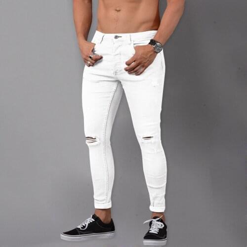 Men Jeans Denim Skinny Solid Colour Trousers Hole Pencil Pants Youthful Vitality Classic Jeans Casual Streetwear Mens Clothing