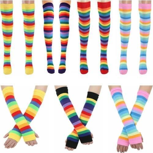 Women Girls Colorful Rainbow Stripe Knee Thigh High Socks/Arm Warmer Gloves for Halloween Costume Party Cosplay Performance