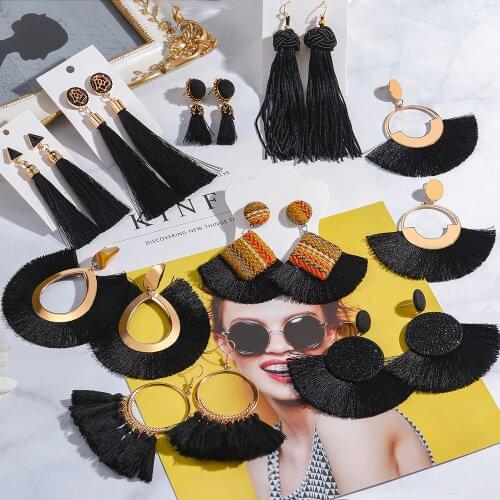 New Fashion Bohemian Big Tassel Drop Earrings 2020 For Women Cotton Silk Fabric Blakc Wedding Dangle Earrings Female Jewelry
