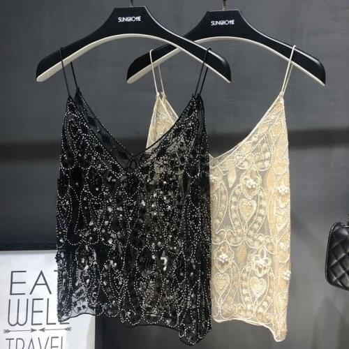 Perspective Sexy V-Neck Flowers Embroidery Sequins Camisole Hollow Mesh Beaded Vest Sleeveless Shirts Crop Mesh Splice Tank Tops