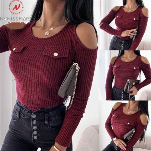 Sexy Women Spring Autumn T-Shirts Hollow Out Design O-Neck Off Shoulder Long Sleeve Slim Pullovers Top for Streetwear