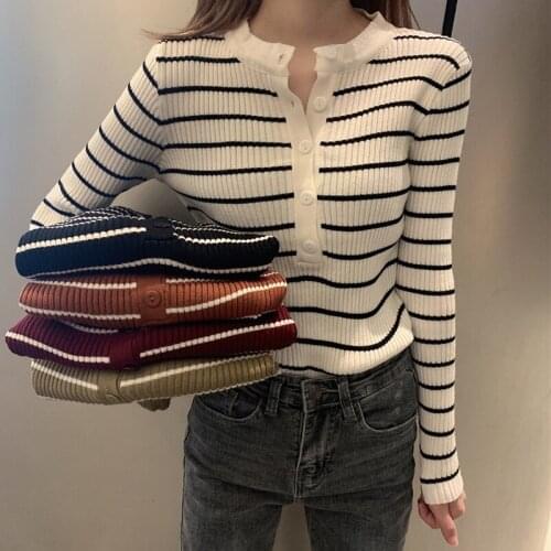 Zoki Striped Women Pullover Sweater Fashion Button Long Sleeve Knitted Slim Korean Jumper Causal High Elastic Ladies Top 2020