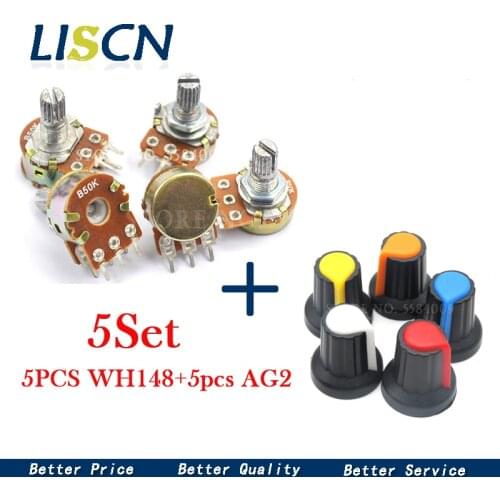 5 Sets WH148 1K 10K 20K 50K 100K 500K Ohm 15mm 3 Pin Linear Taper Rotary Potentiometer Resistor for Arduino with AG2 cap
