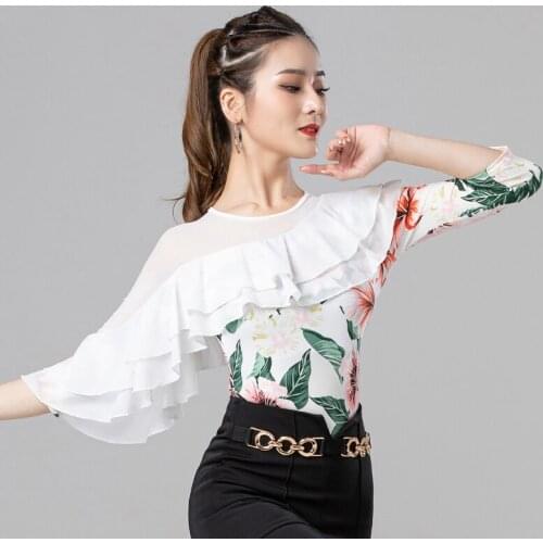 Latin Dance Tops Ruffle Sleeve Printing Tango ChaCha Performance Costume Summer Female Waltz Ballromm Dancing Practice Wear 4008