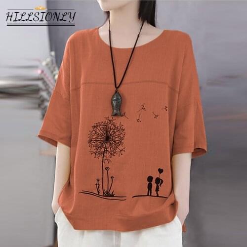 Hillsionly Womens Plus Size Tops Women Short Sleeve Cotton Linen O-neck Print Tshirt Top T-shirt Casual Tops Женские Футболки