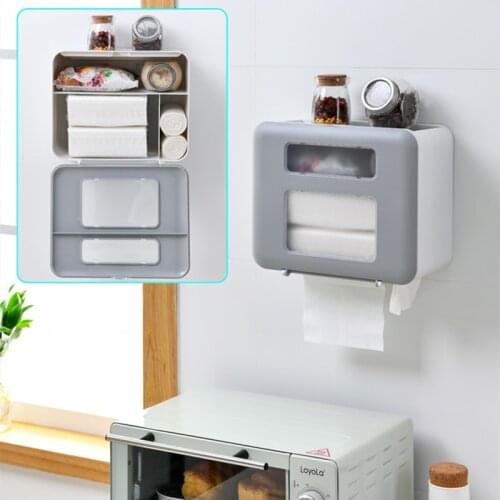 Waterproof Tissue Box Self Adhesive Tissue Box Napkin Holder Wall Mounted Garbage Bag Dispenser Bathroom Rack Storage
