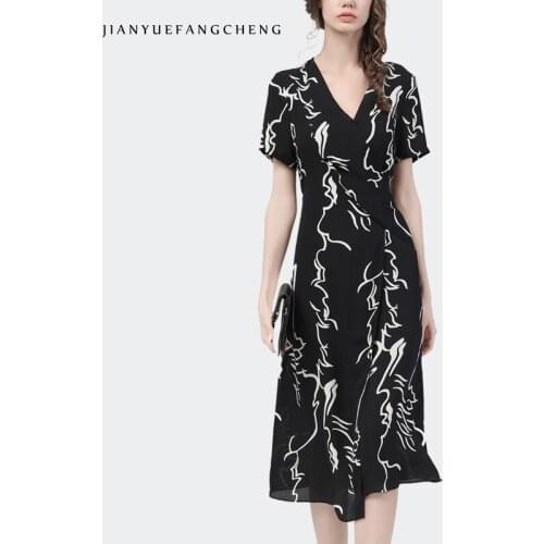 Women Summer Black Printed Dress Plus Size Elegant Asymmetric Mid-Length Short Sleeve V-Neck Bodycon Casual Office Ladies Dress