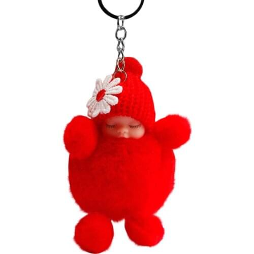 Women Girls Bag Pendant Jewelry Cute Sleeping Baby Bowtie Fluffy Pompom Fur Plush Doll Keychain Keyring Key Ring Women Gift