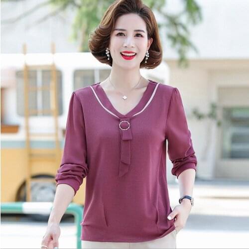 2021 New Long Sleeve Tops Mother Spring Autumn Pullover T Shirt Women Chiffon Patchwork Pleat Knitted Tees