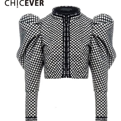 CHICEVER Ruched Plaid Coat For Women Butterfly Collar Puff Sleeve Short Female Coat Streetwear Autumn Fashion New Clothing 2020