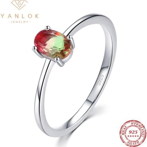 YANLOK Genuine 925 Sterling Silver Candy Color Tourmaline Finger Rings for Women Wedding Band Engagement Statement Jewelry Anel