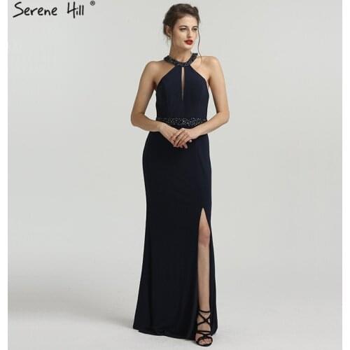 Sexy Side Split Navy Blue Mermaid Evening Dresses 2020 Beaded Sequin Long Formal Dress Party Real Picture BLA6284