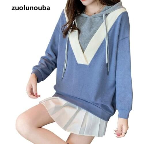 Zuolunouba 2020 Fall Loose Casual Fake Two-piece Women Sweatshirt Fashion Contrast Color Sweet Drawstring Harajuku Ladies Hoodie