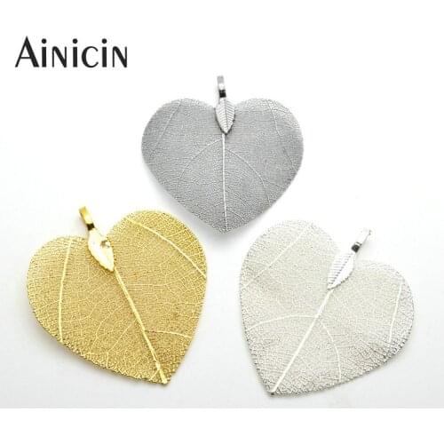 10pcs Gold Silver Heart Shape Real Leaves Pendants For Necklace and Earrings Making Materials