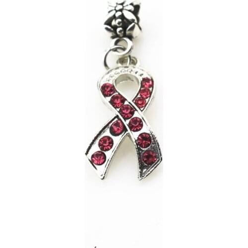 Hot Selling 20pcs Crystal Pink Cancer Ribbon Dangle Charms Macroporous Beads Charm Diy Fashion Bracelet Jewelry Accessories