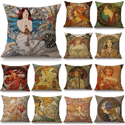 4 Pcs Vintage European Art Nouveau Mucha Sofa Pillow Covers Home Decorative Pillowcase Beautiful Girl Pattern Cushion Cover X2